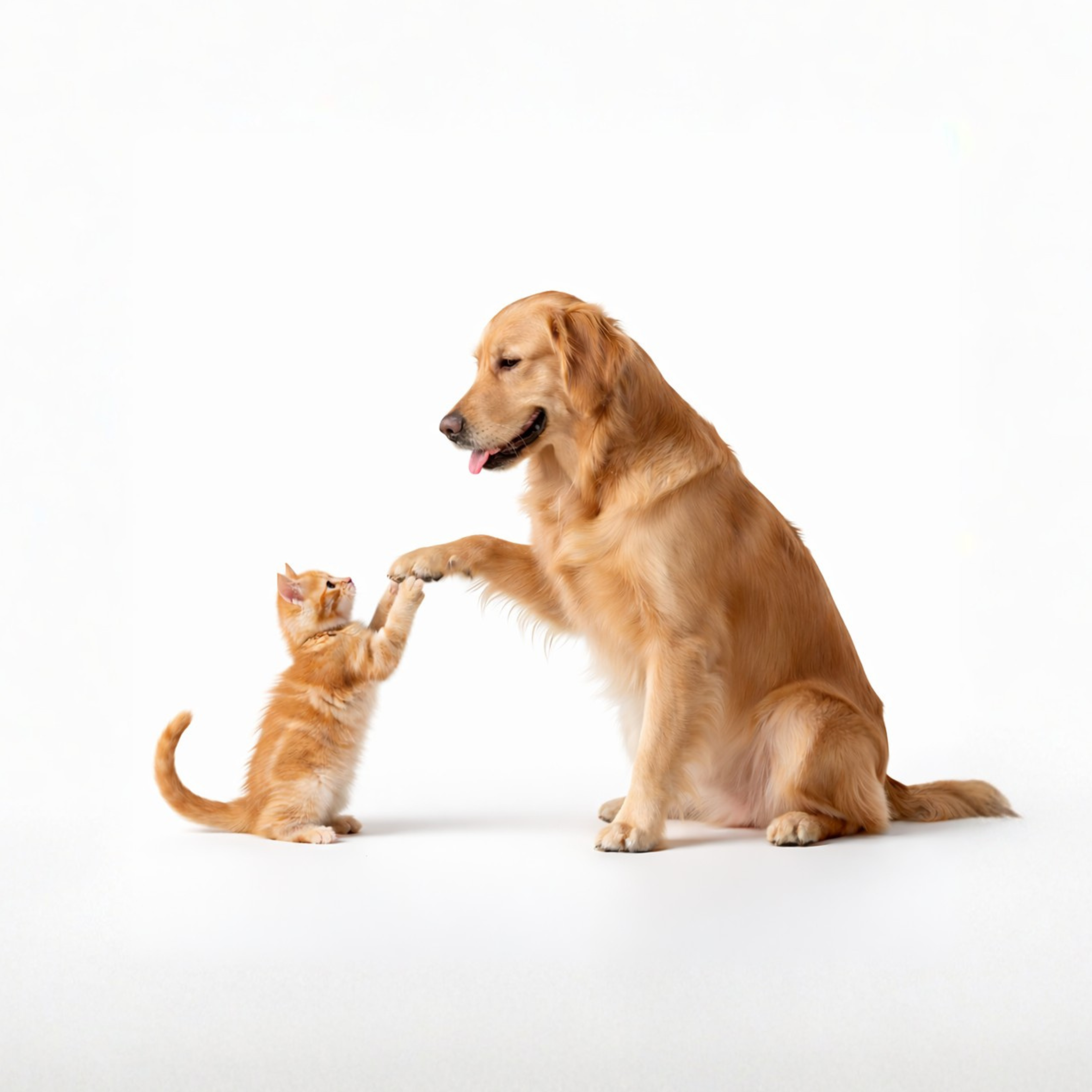 Dog and cat giving each other a high-five on a white background